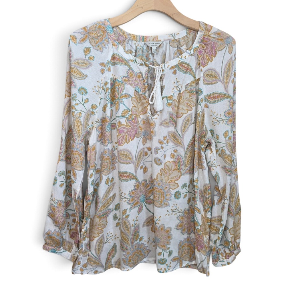 Lucky Brand Top Womens XL Floral Paisley Peasant Blouse Tassel Tie Boho LS